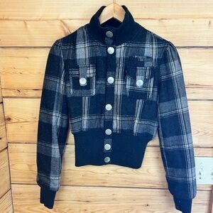 Wool Jacket Kids Girls Size 9 Plaid Black Grey Prep Big Buttons Metal
